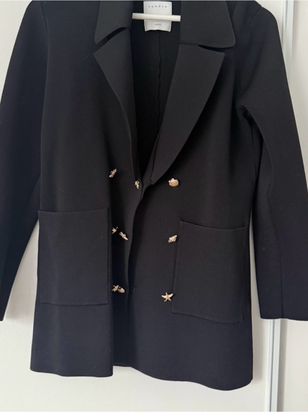 Sandro Paris Black Double-Breasted Cardicoat Blazer with Gold Star and  Buttons